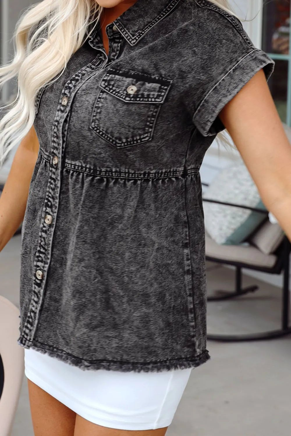 Short Sleeve Flap Pocket Button Up Raw Hem Denim Shirt - Lara Moda