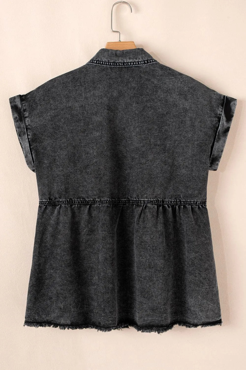 Short Sleeve Flap Pocket Button Up Raw Hem Denim Shirt - Lara Moda