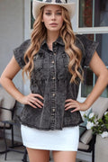 Short Sleeve Flap Pocket Button Up Raw Hem Denim Shirt - Lara Moda