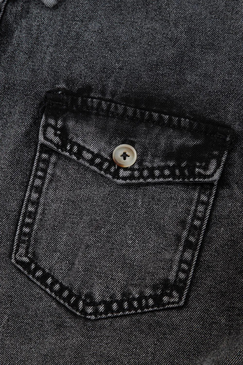 Short Sleeve Flap Pocket Button Up Raw Hem Denim Shirt - Lara Moda