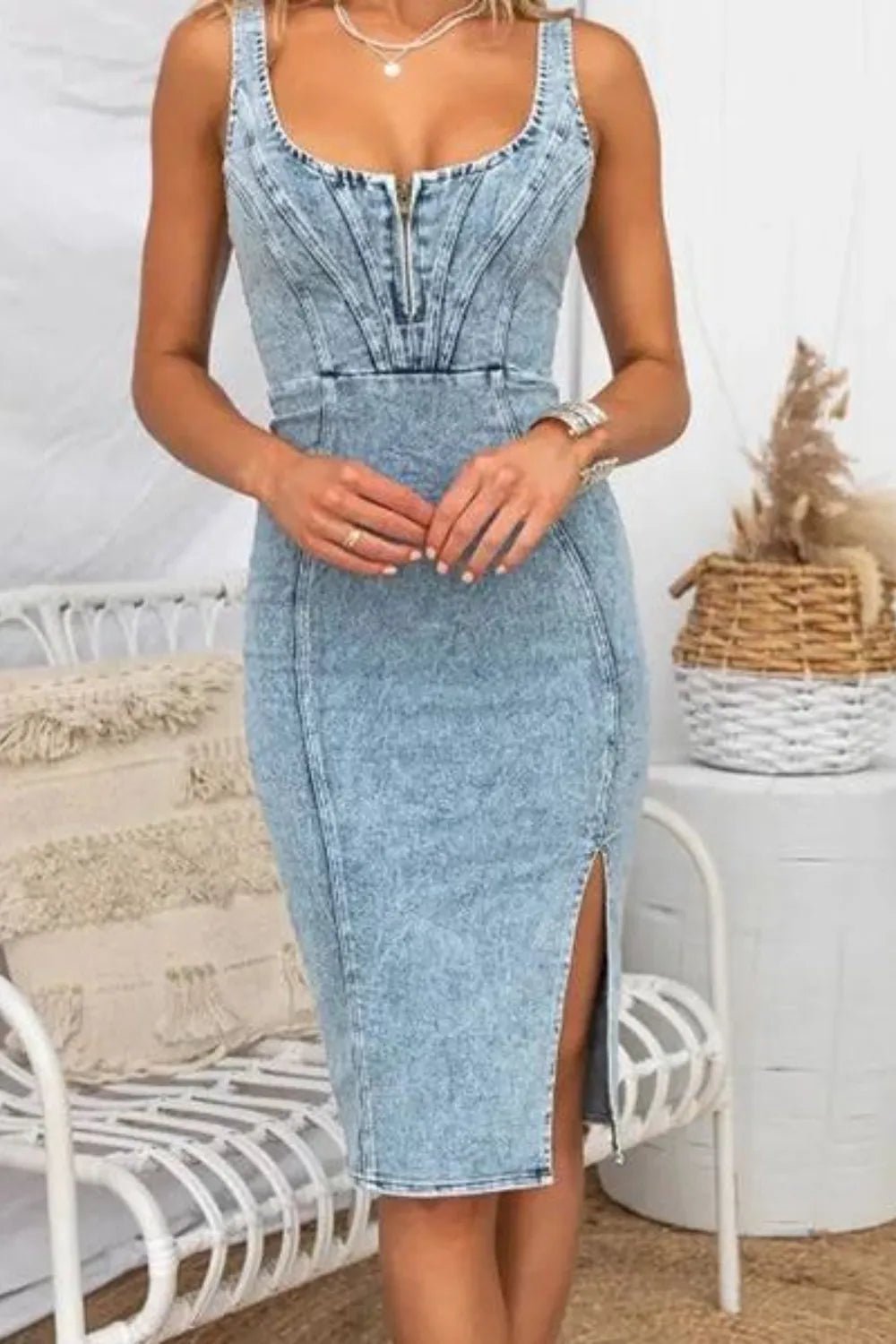 Side Slit Washed Scoop Neck Denim Dress - Lara Moda