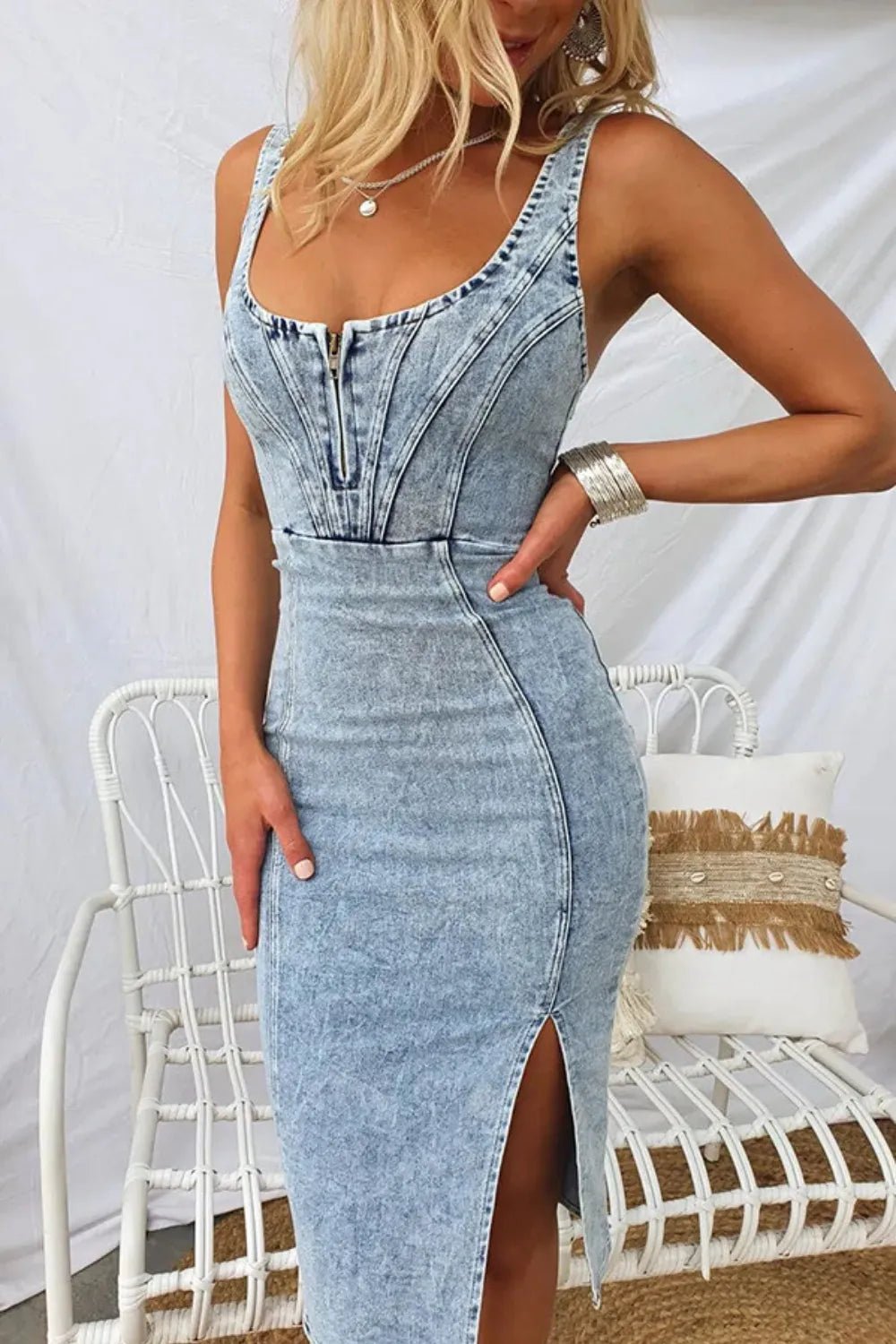 Side Slit Washed Scoop Neck Denim Dress - Lara Moda