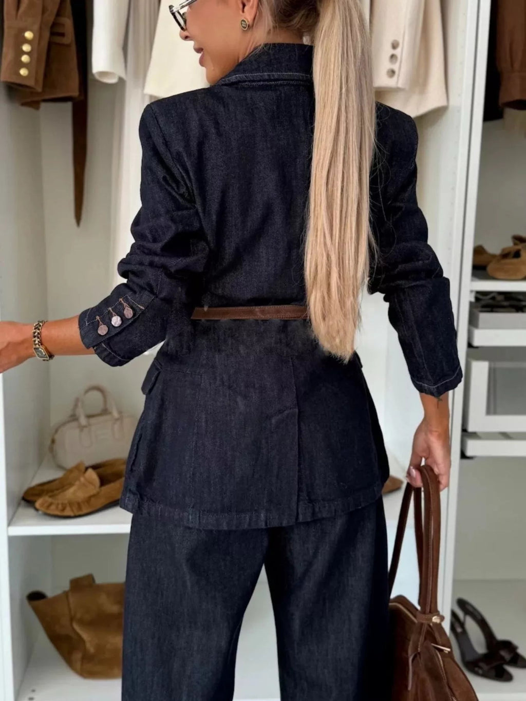 Single-Breasted Washed Denim Blazer - Lara Moda
