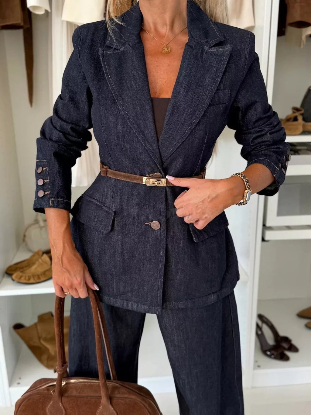 Single-Breasted Washed Denim Blazer - Lara Moda