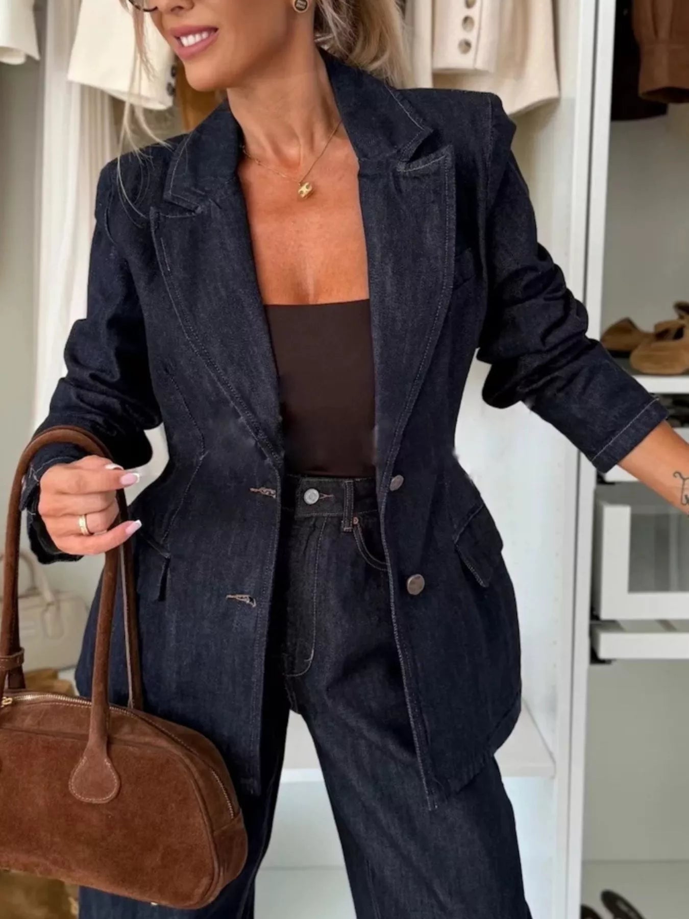 Single-Breasted Washed Denim Blazer - Lara Moda