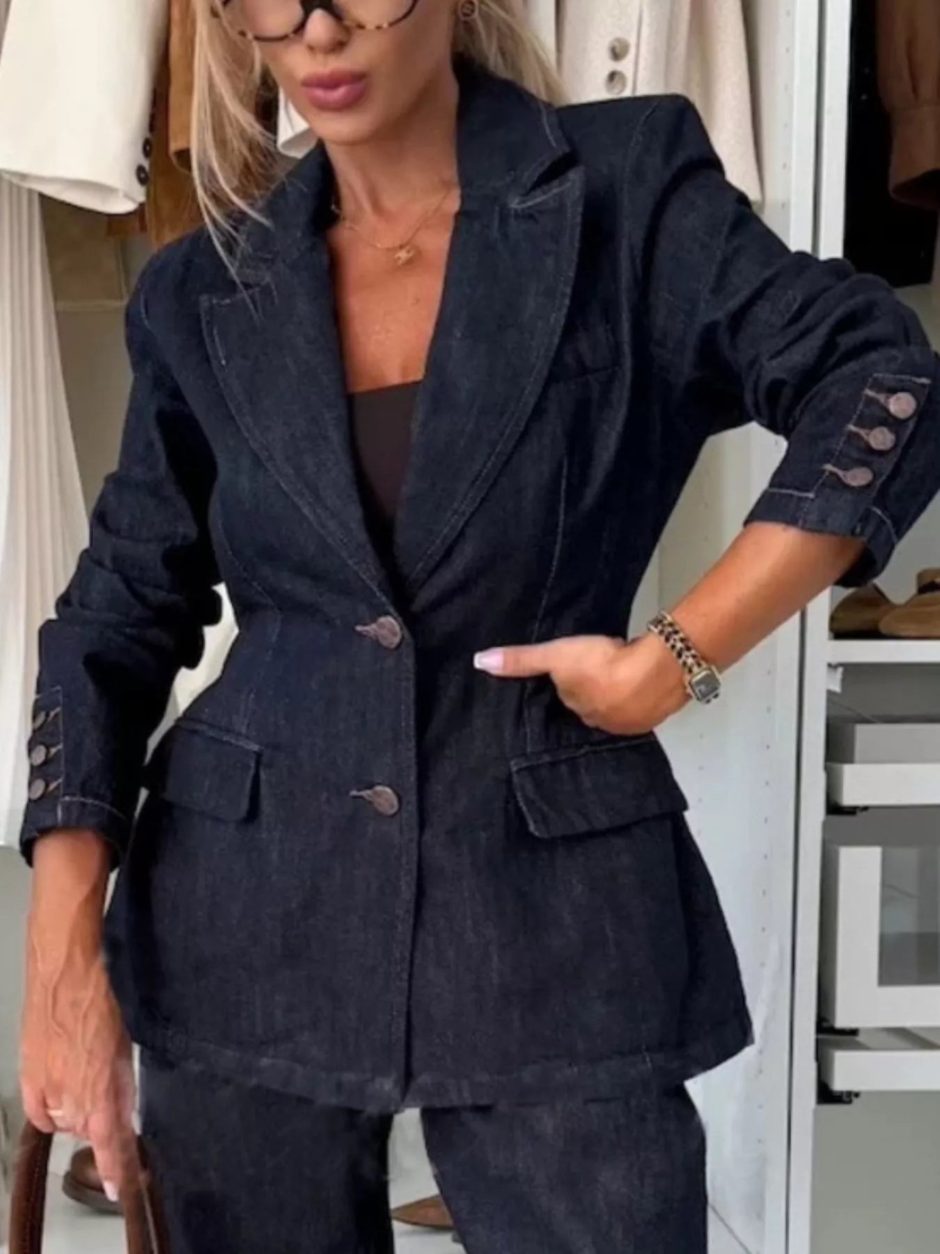 Single-Breasted Washed Denim Blazer - Lara Moda
