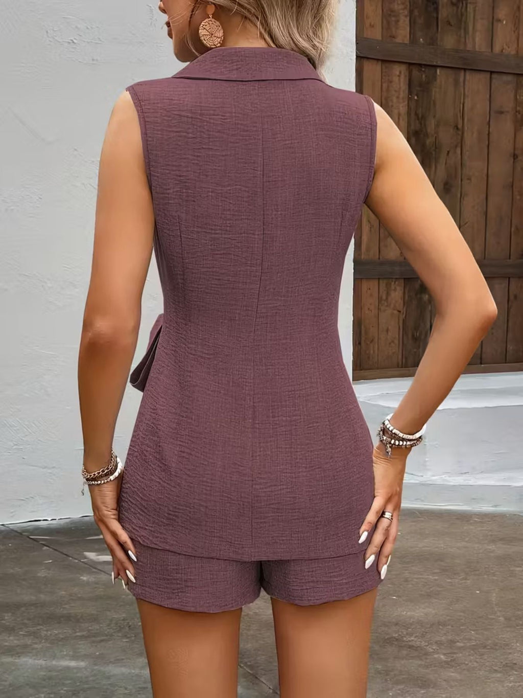 Sleeveless Blazer & Shorts Set with Tie Waist - Lara Moda