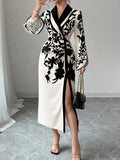 Slit Long Sleeve Wrap Midi Dress - Lara Moda