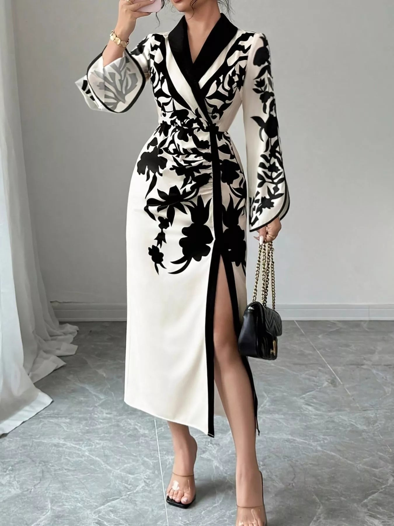 Slit Long Sleeve Wrap Midi Dress - Lara Moda
