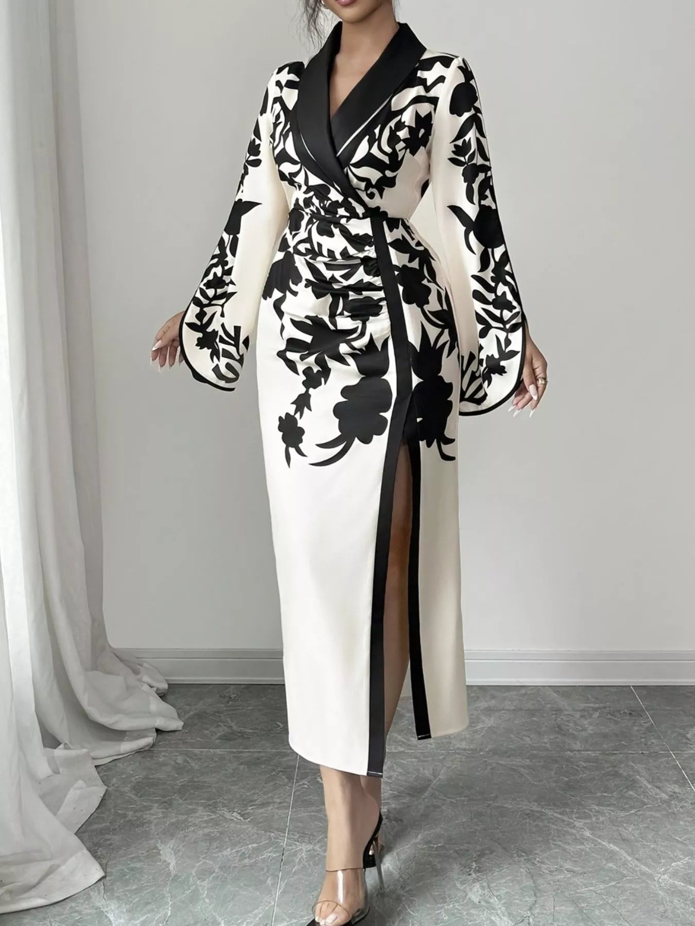 Slit Long Sleeve Wrap Midi Dress - Lara Moda