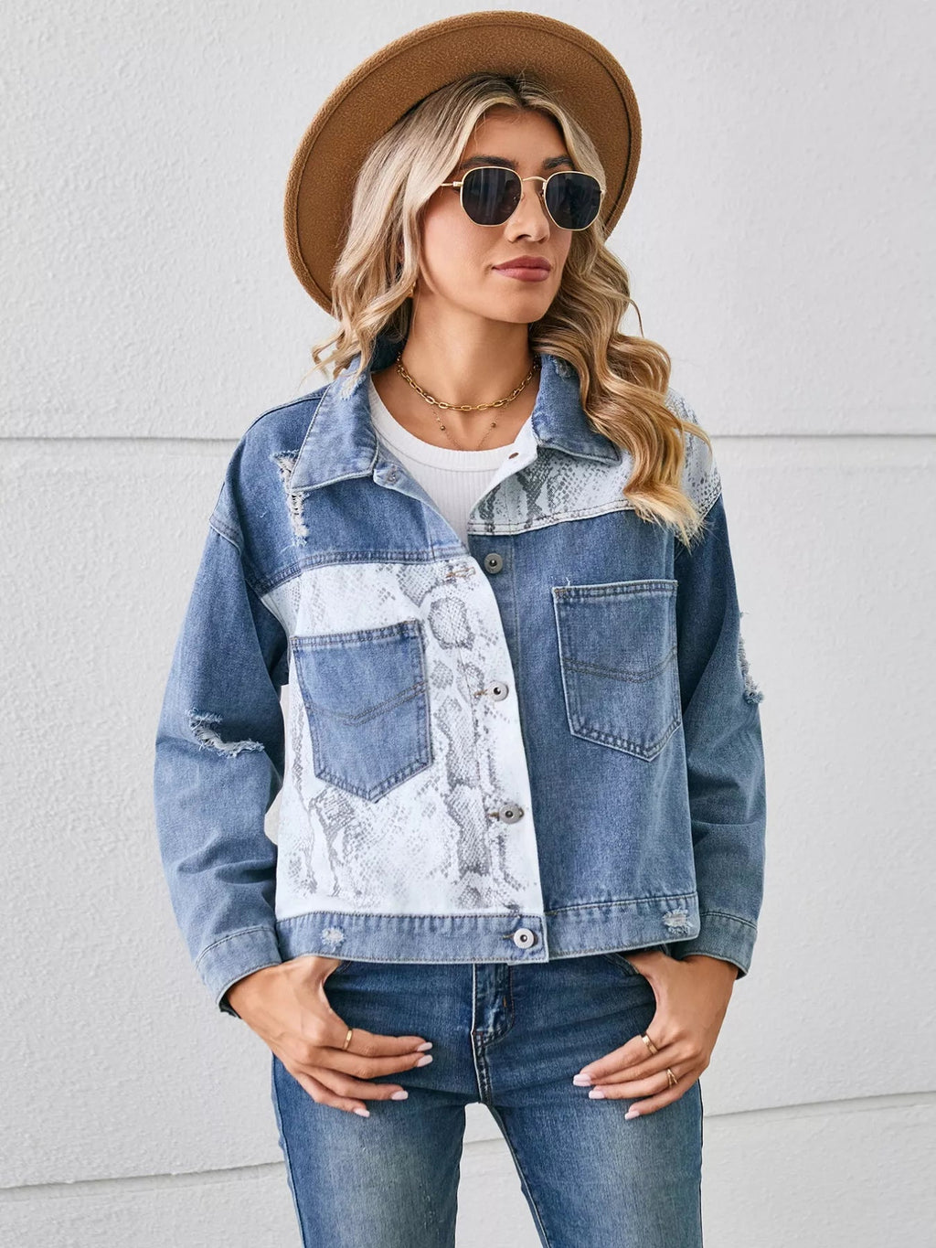 Snake Print Button Up Denim Jacket - Lara Moda