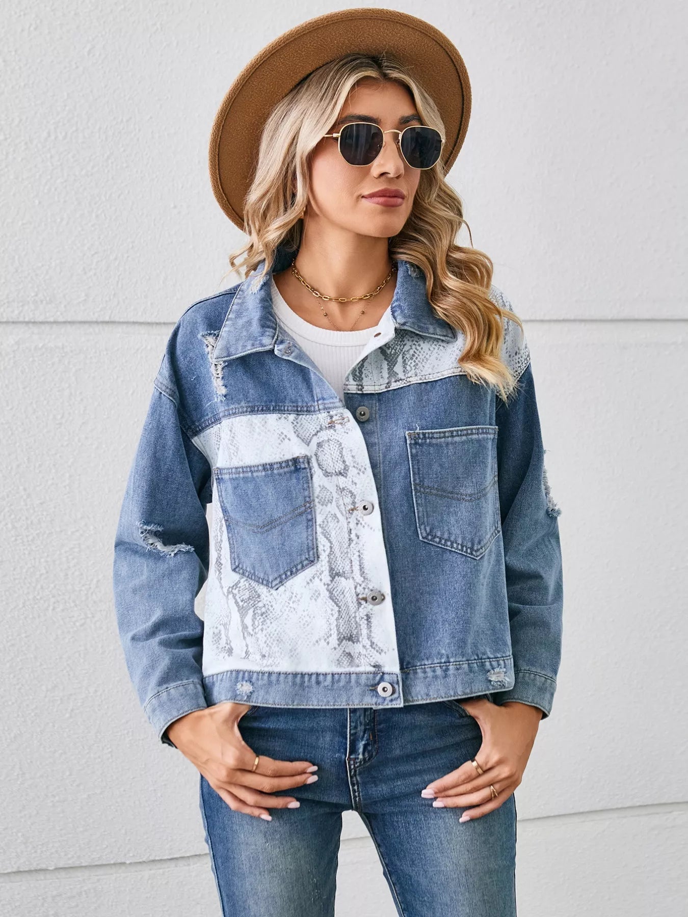 Snake Print Button Up Denim Jacket - Lara Moda