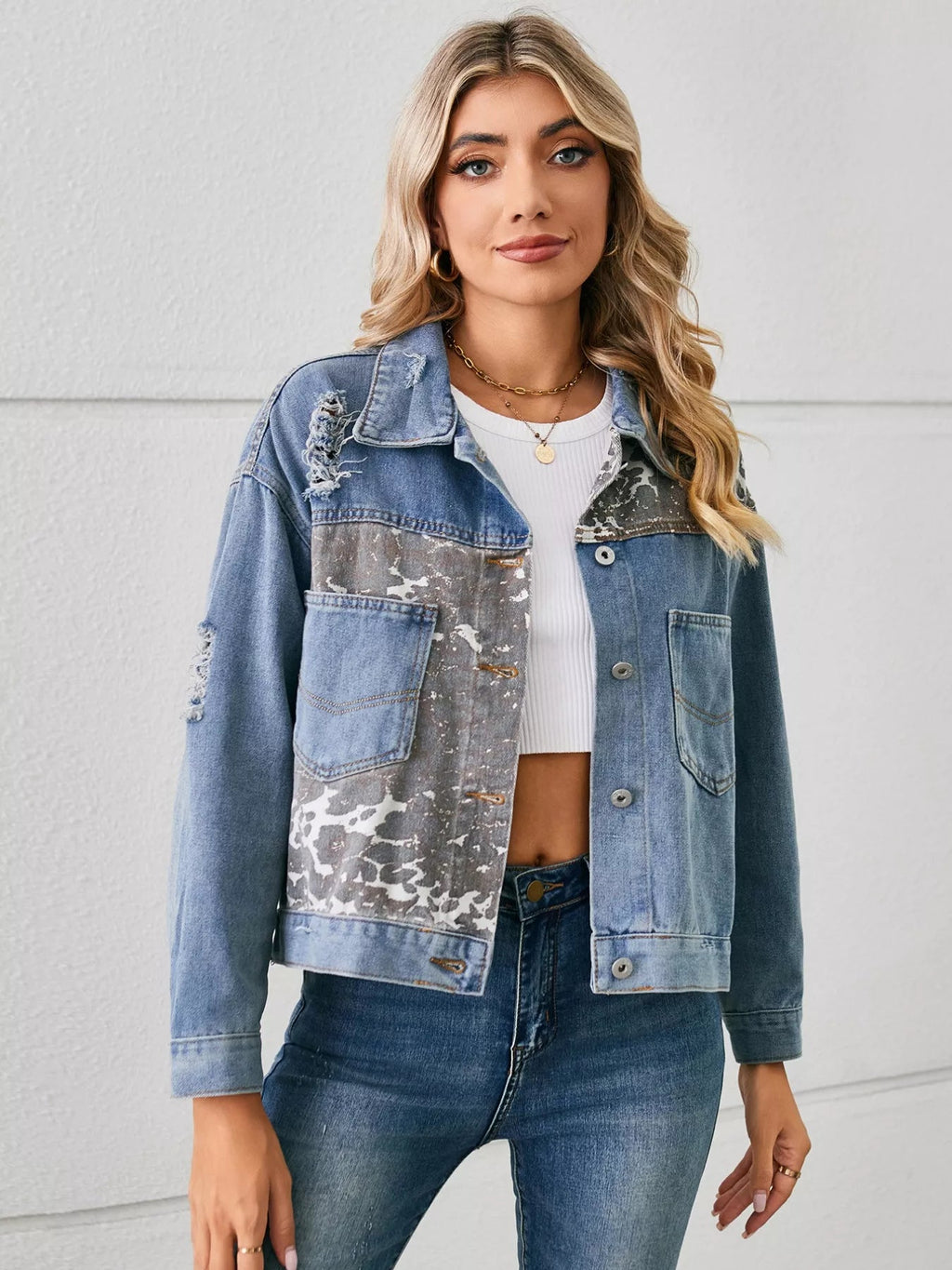 Snake Print Button Up Denim Jacket - Lara Moda
