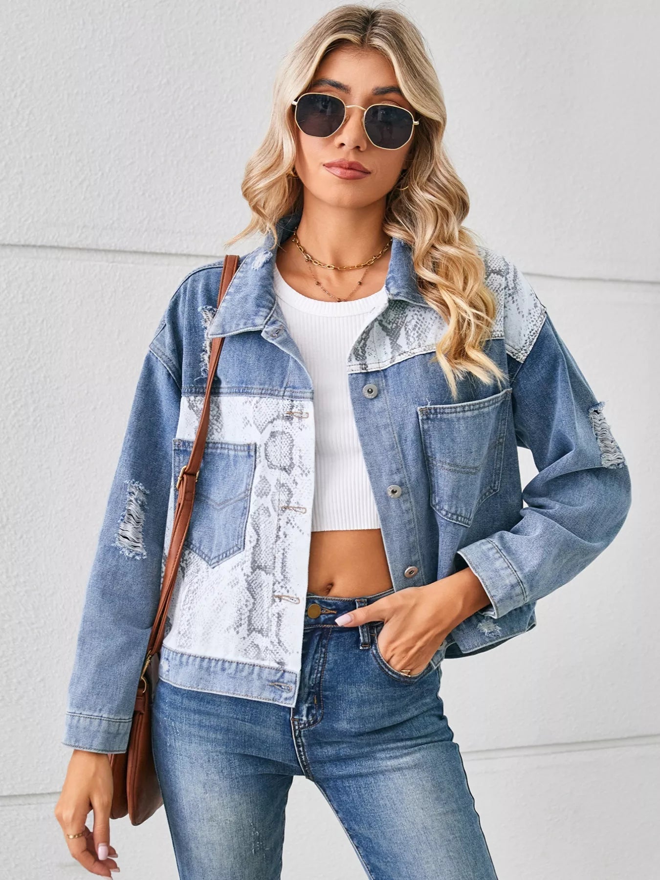Snake Print Button Up Denim Jacket - Lara Moda