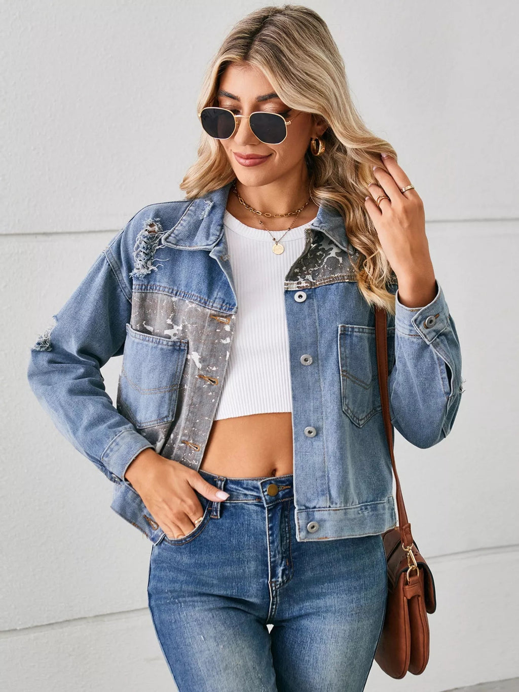 Snake Print Button Up Denim Jacket - Lara Moda