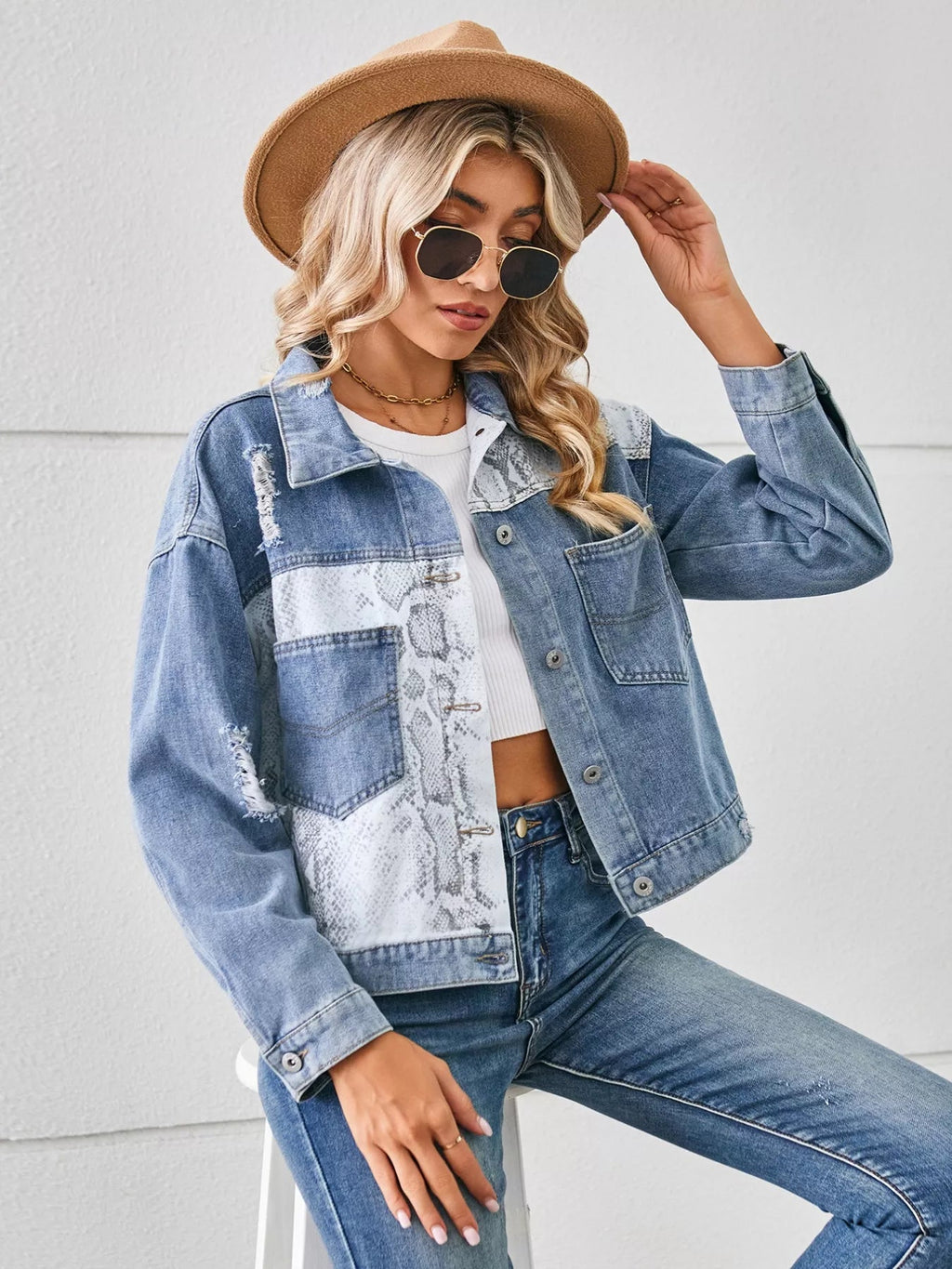 Snake Print Button Up Denim Jacket - Lara Moda