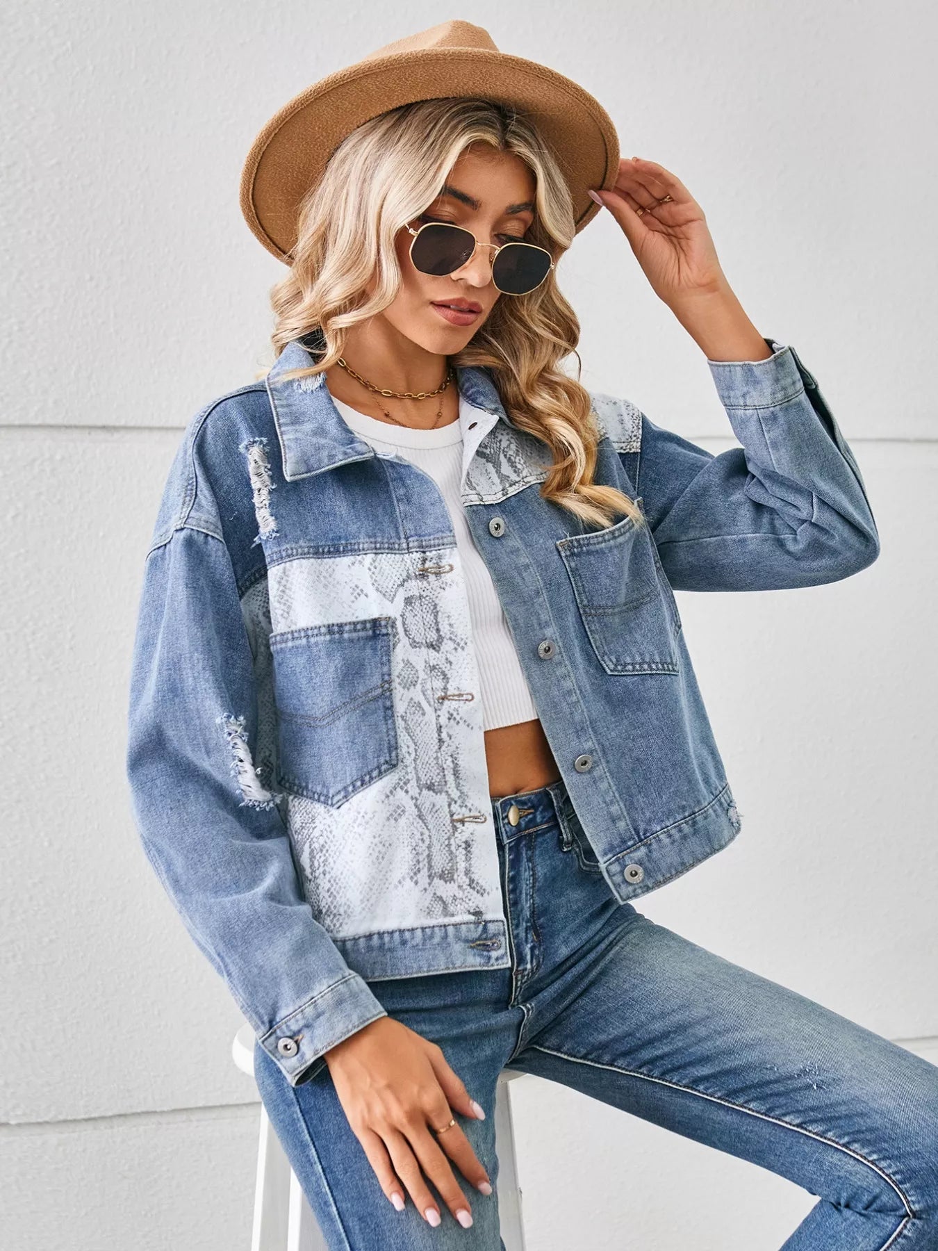 Snake Print Button Up Denim Jacket - Lara Moda