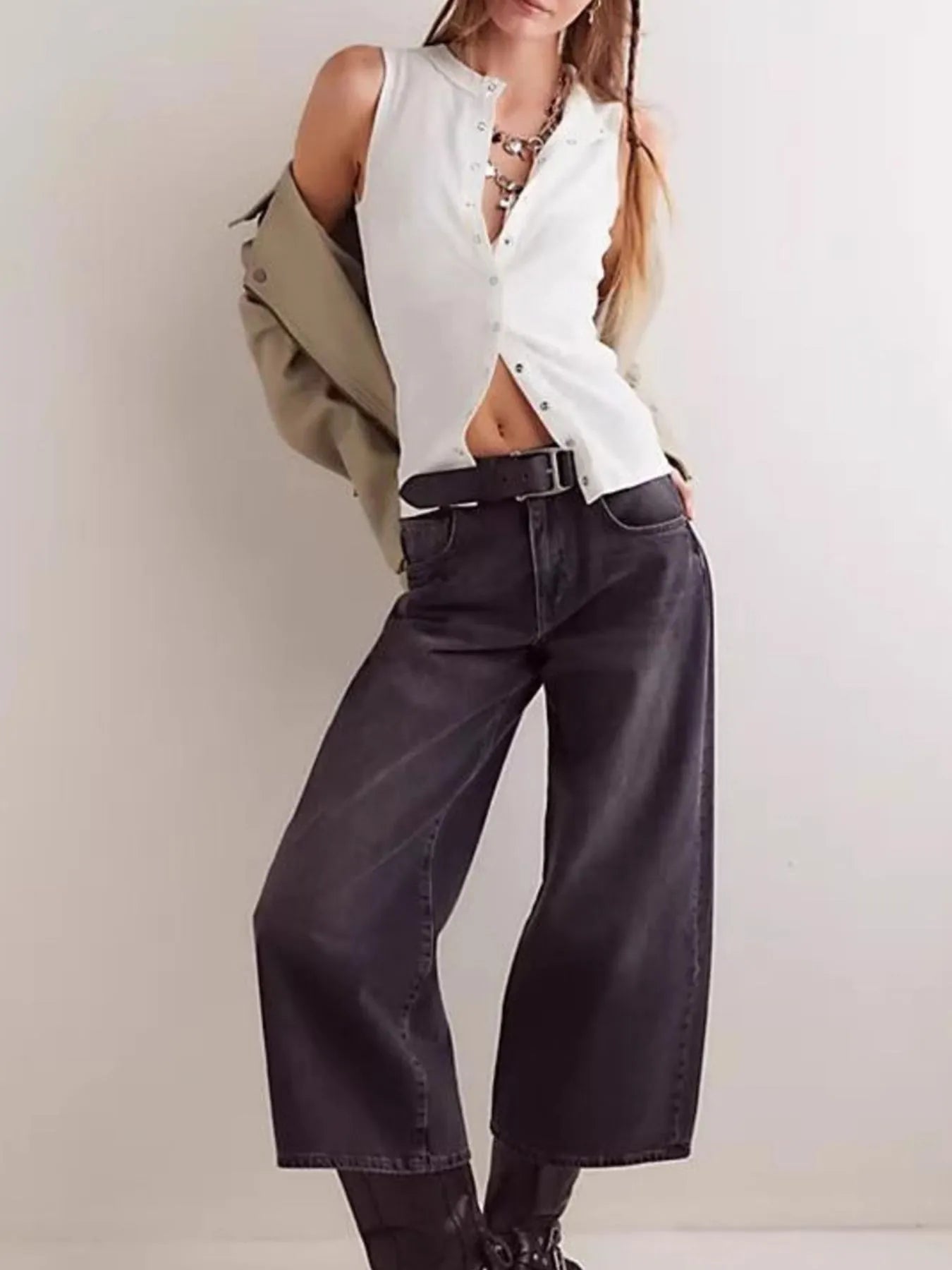 Snap Down Round Neck Ribbed Slim Tank Vest - Lara Moda