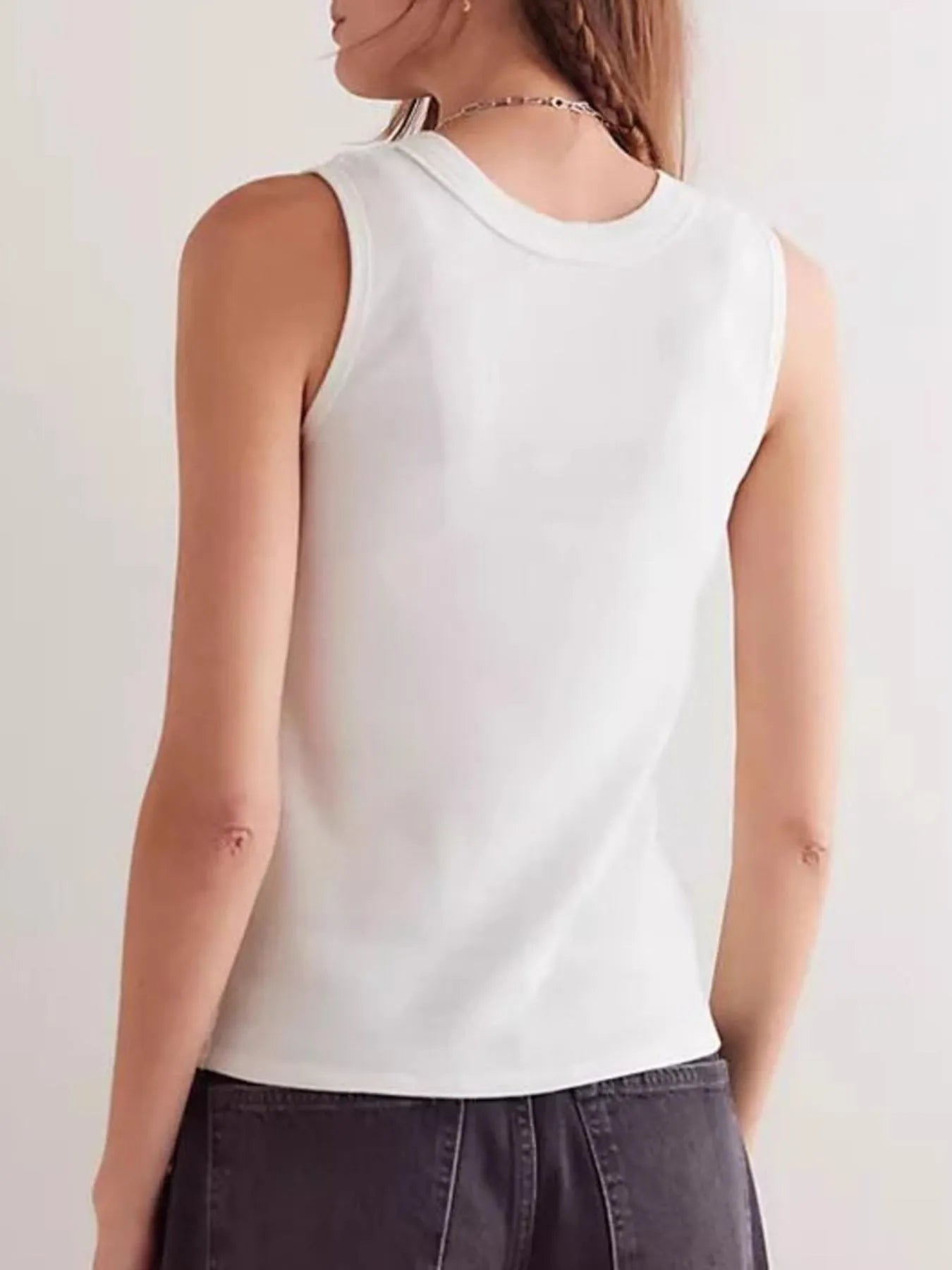 Snap Down Round Neck Ribbed Slim Tank Vest - Lara Moda