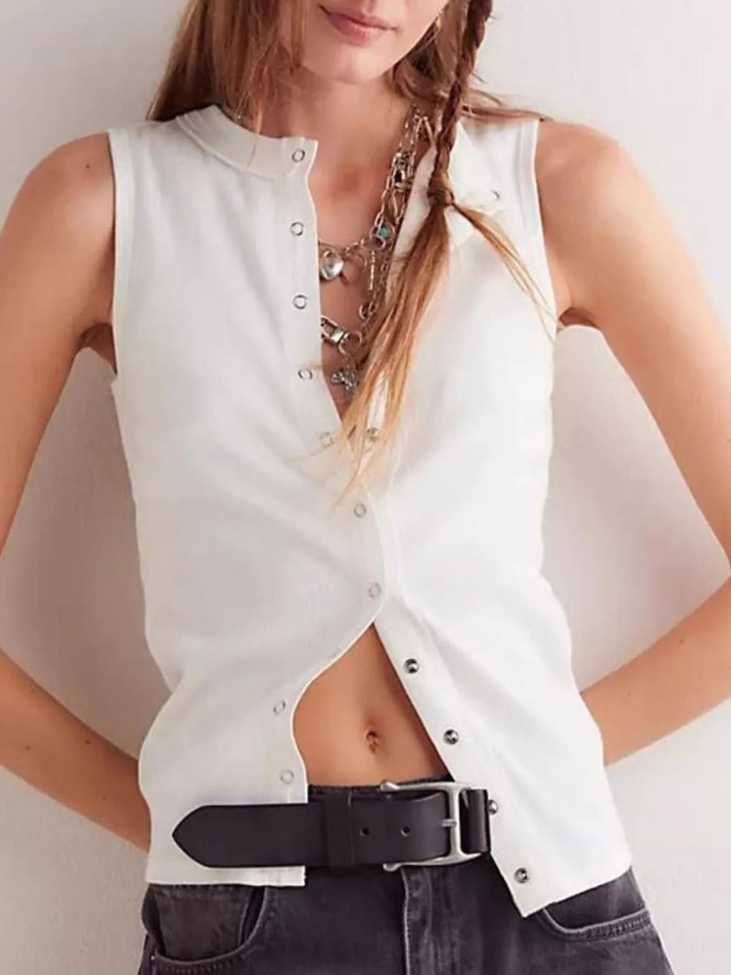 Snap Down Round Neck Ribbed Slim Tank Vest - Lara Moda