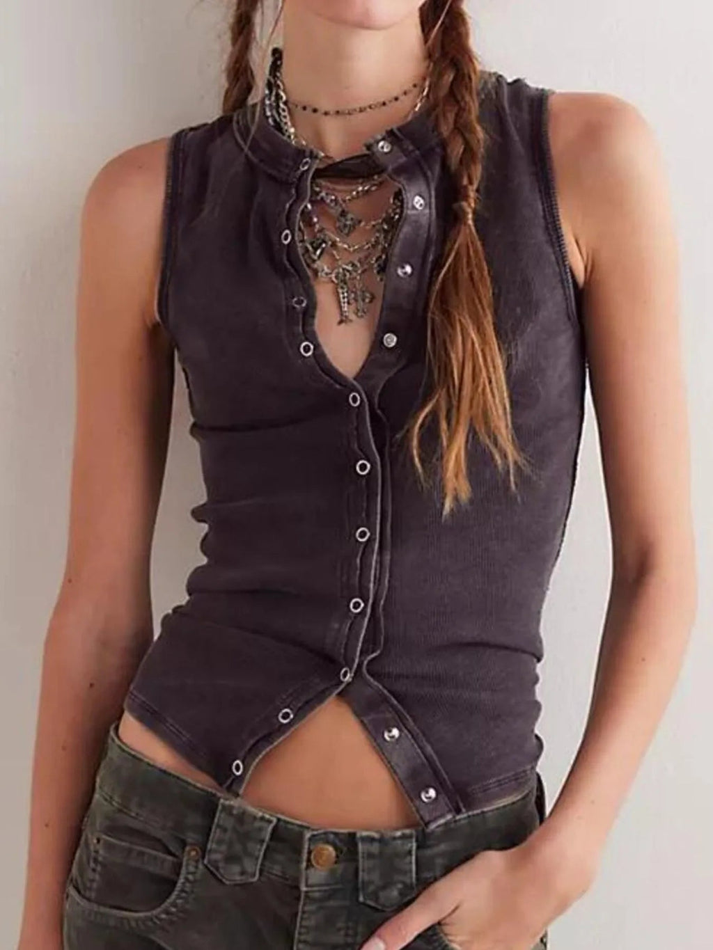 Snap Down Round Neck Ribbed Slim Tank Vest - Lara Moda