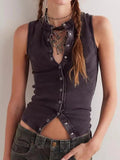 Snap Down Round Neck Ribbed Slim Tank Vest - Lara Moda
