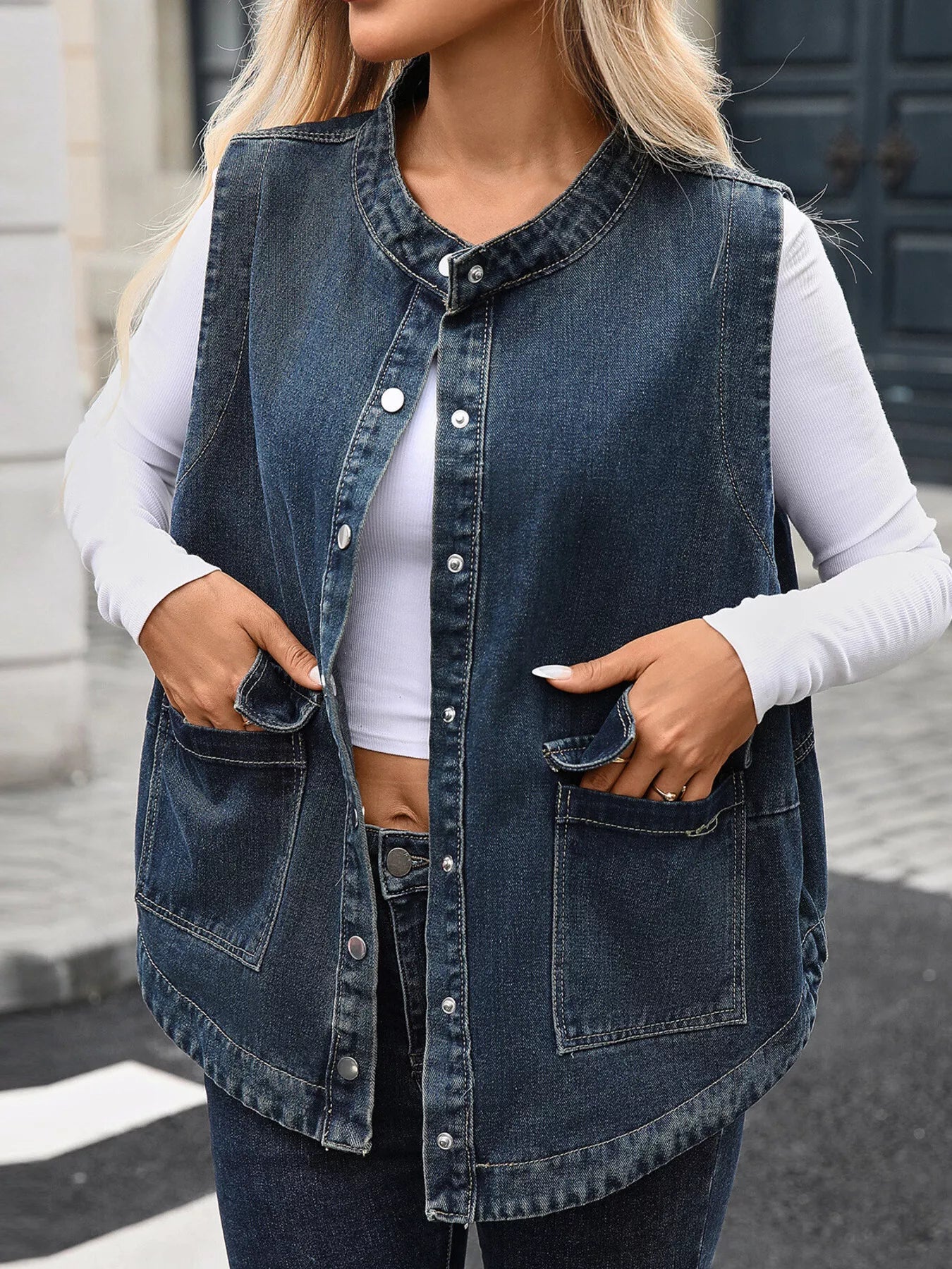 Snap Down Sleeveless Denim Jacket - Lara Moda