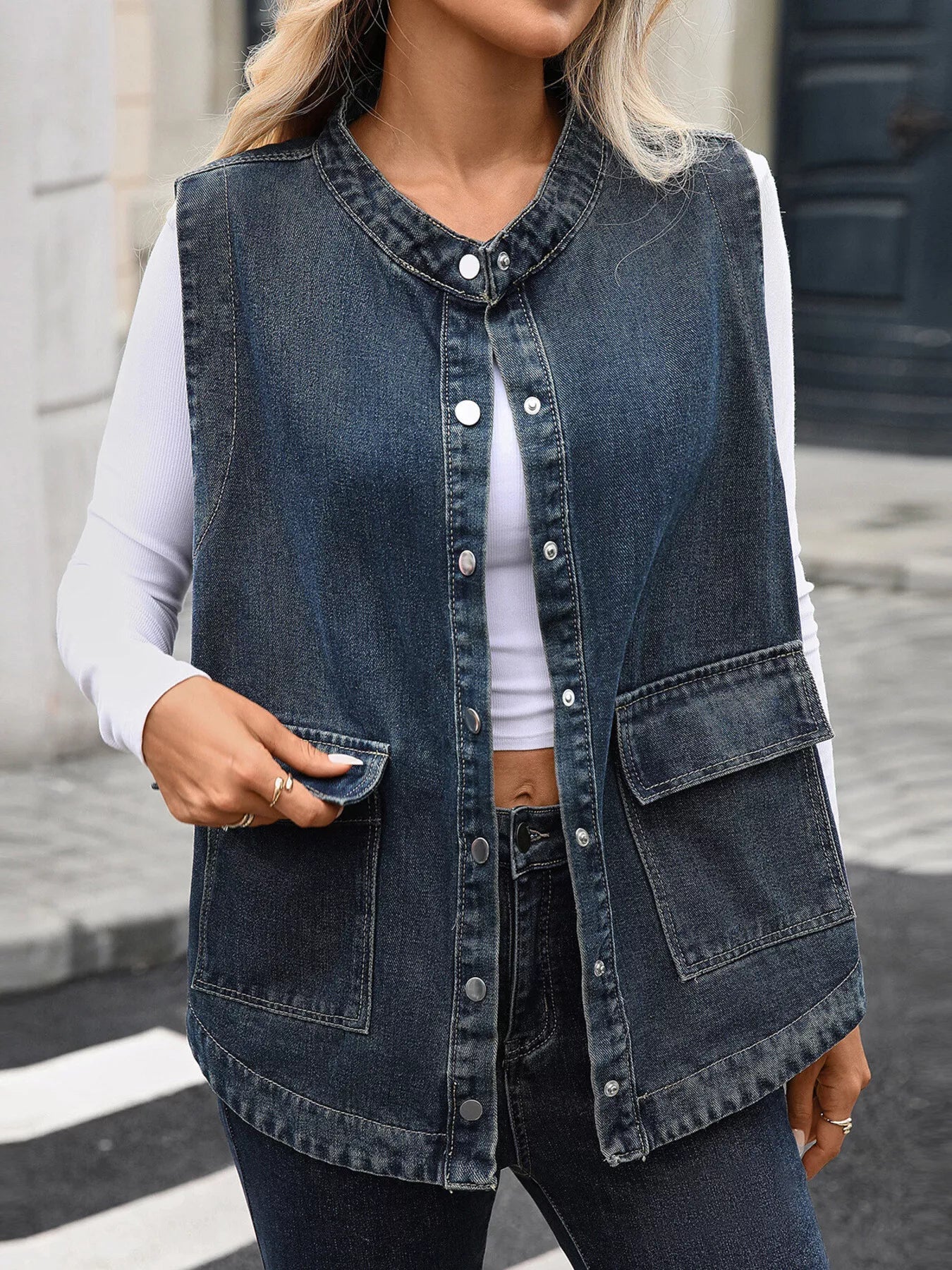 Snap Down Sleeveless Denim Jacket - Lara Moda
