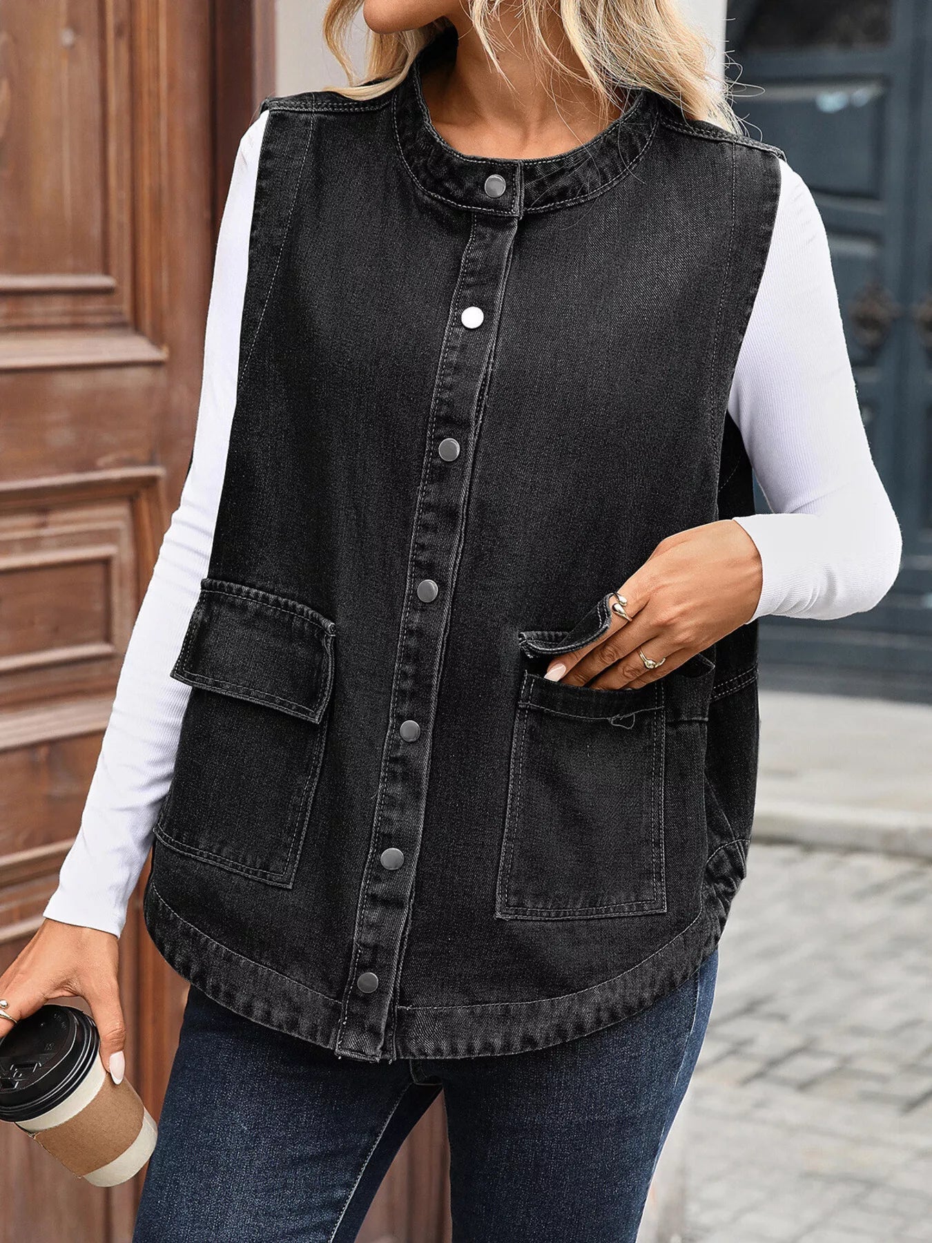Snap Down Sleeveless Denim Jacket - Lara Moda