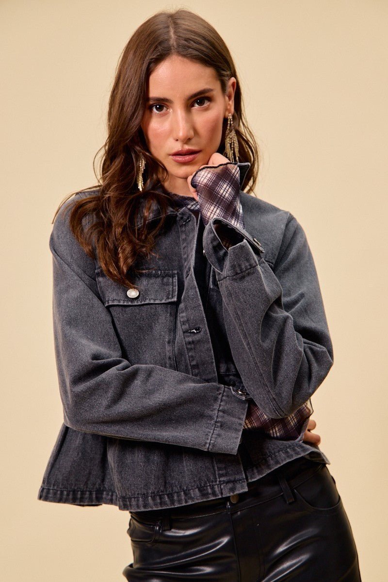 SO ME Denim Peplum Hem Front Button Jacket With Pockets - Lara Moda
