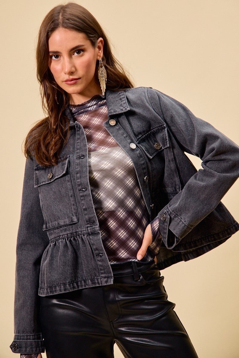 SO ME Denim Peplum Hem Front Button Jacket With Pockets - Lara Moda