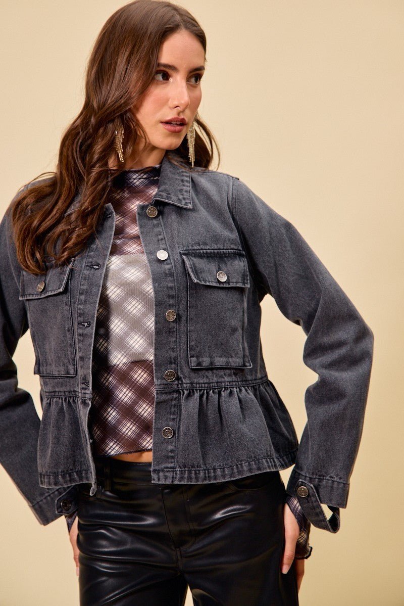SO ME Denim Peplum Hem Front Button Jacket With Pockets - Lara Moda