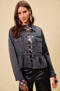 SO ME Denim Peplum Hem Front Button Jacket With Pockets - Lara Moda