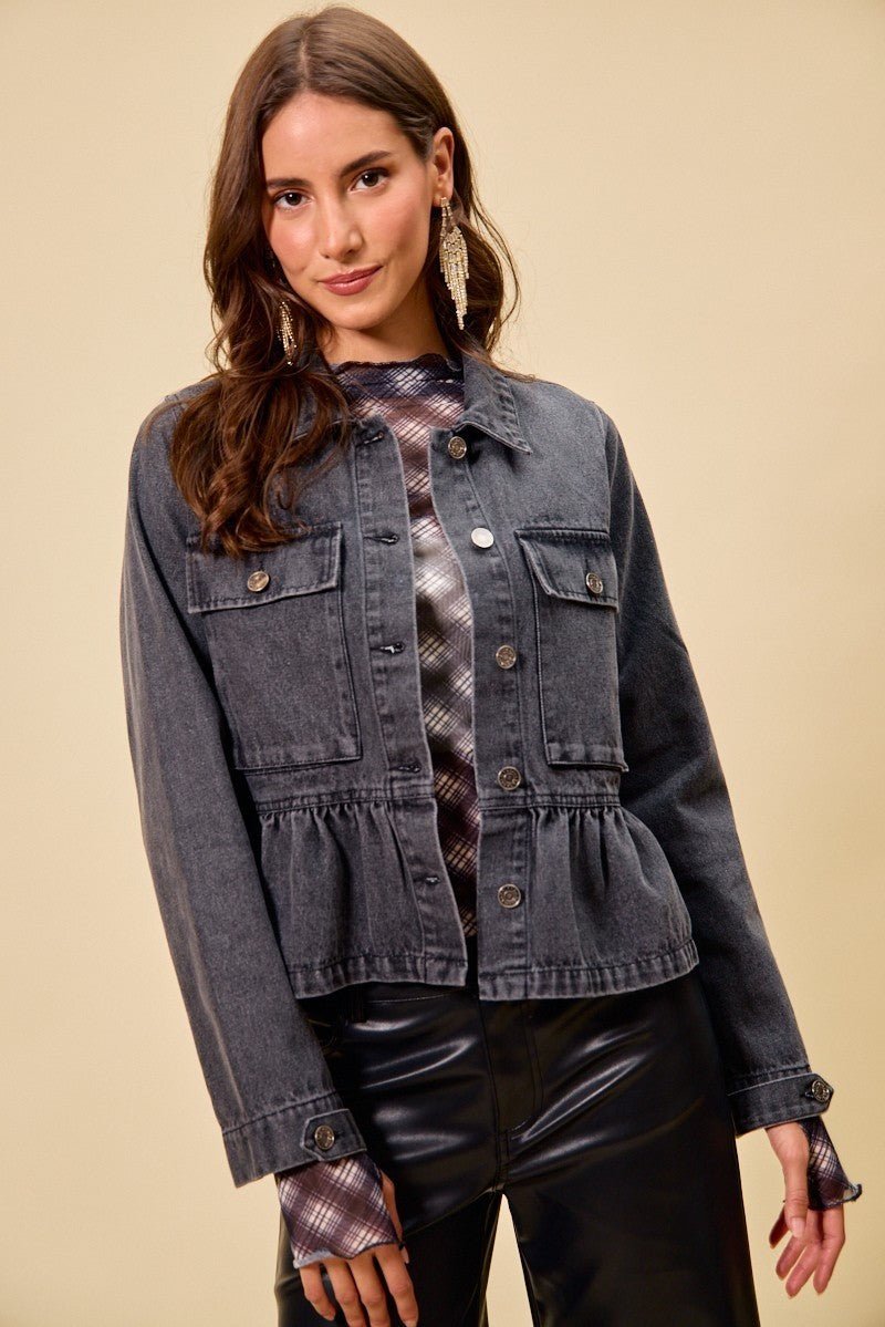SO ME Denim Peplum Hem Front Button Jacket With Pockets - Lara Moda