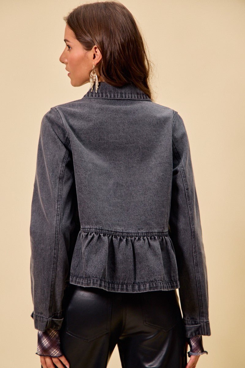 SO ME Denim Peplum Hem Front Button Jacket With Pockets - Lara Moda