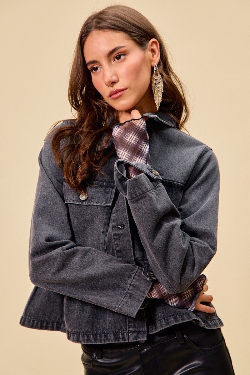 SO ME Denim Peplum Hem Front Button Jacket With Pockets - Lara Moda