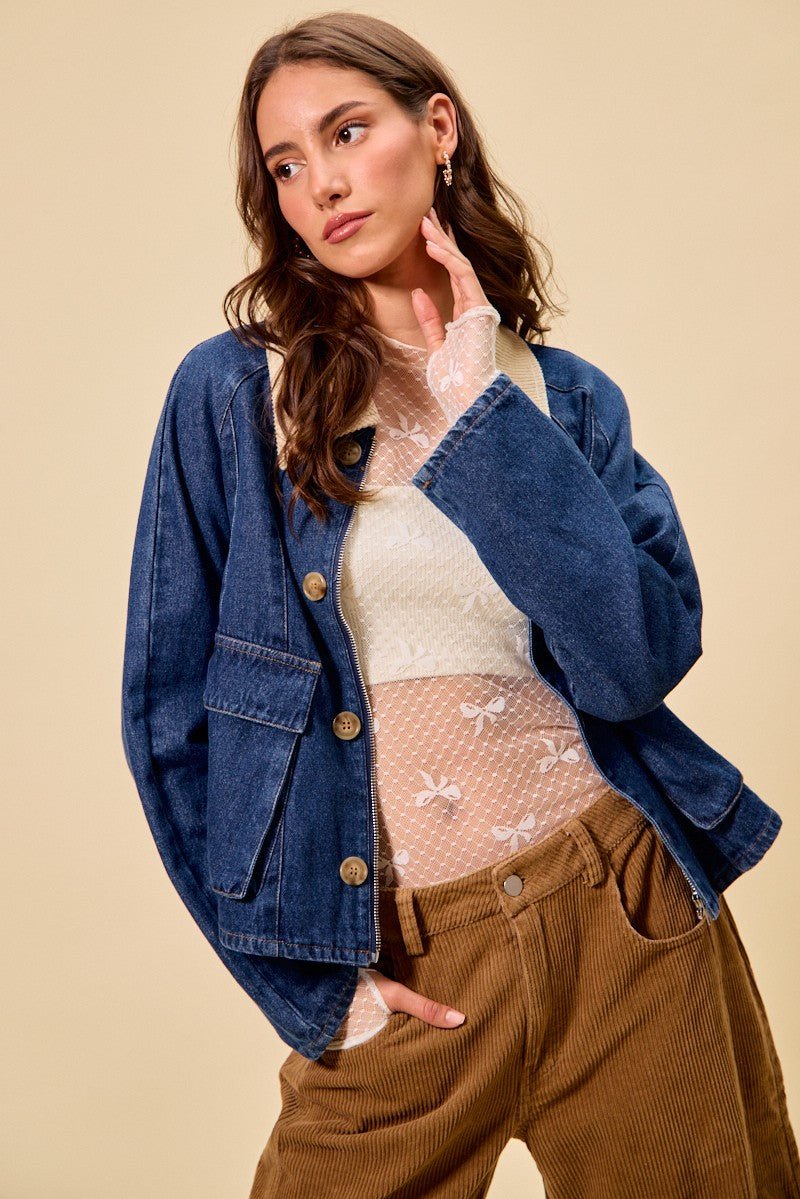 SO ME Zip Up And Buttoned Denim Jacket - Lara Moda
