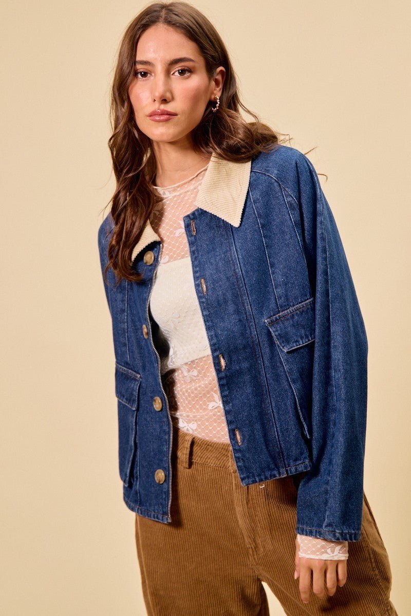 SO ME Zip Up And Buttoned Denim Jacket - Lara Moda