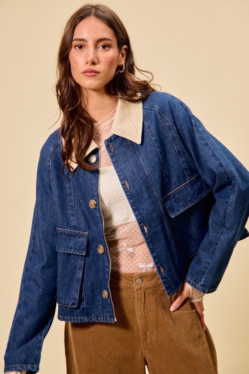 SO ME Zip Up And Buttoned Denim Jacket - Lara Moda