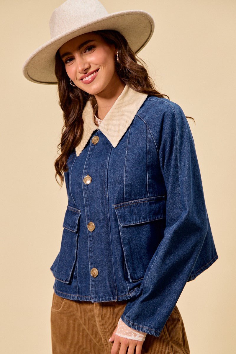 SO ME Zip Up And Buttoned Denim Jacket - Lara Moda