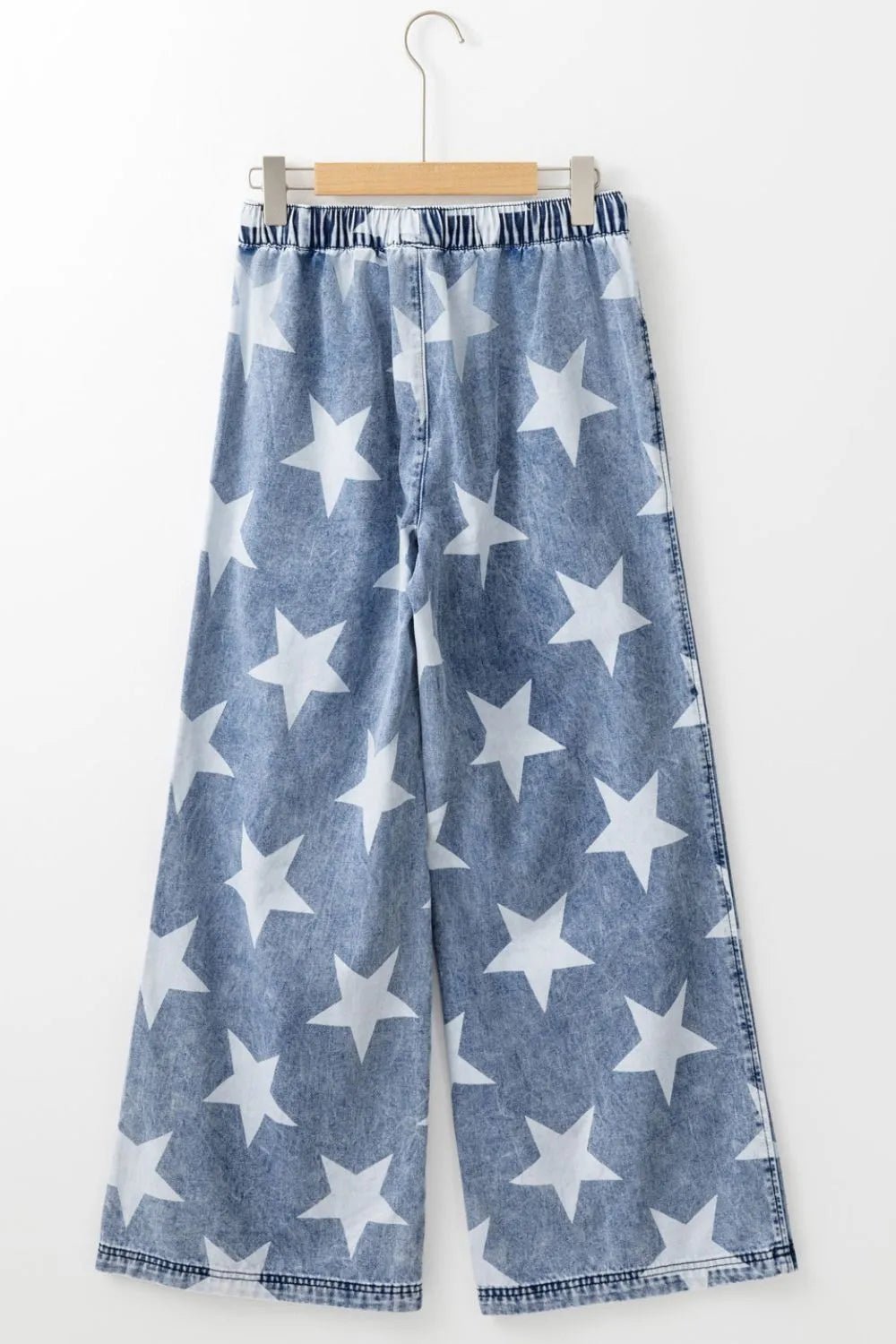 Star Print Washed Drawstring High Waist Wide Leg Jeans - Lara Moda