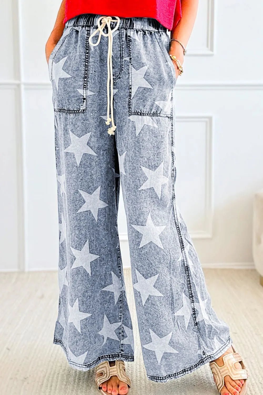 Star Print Washed Drawstring High Waist Wide Leg Jeans - Lara Moda