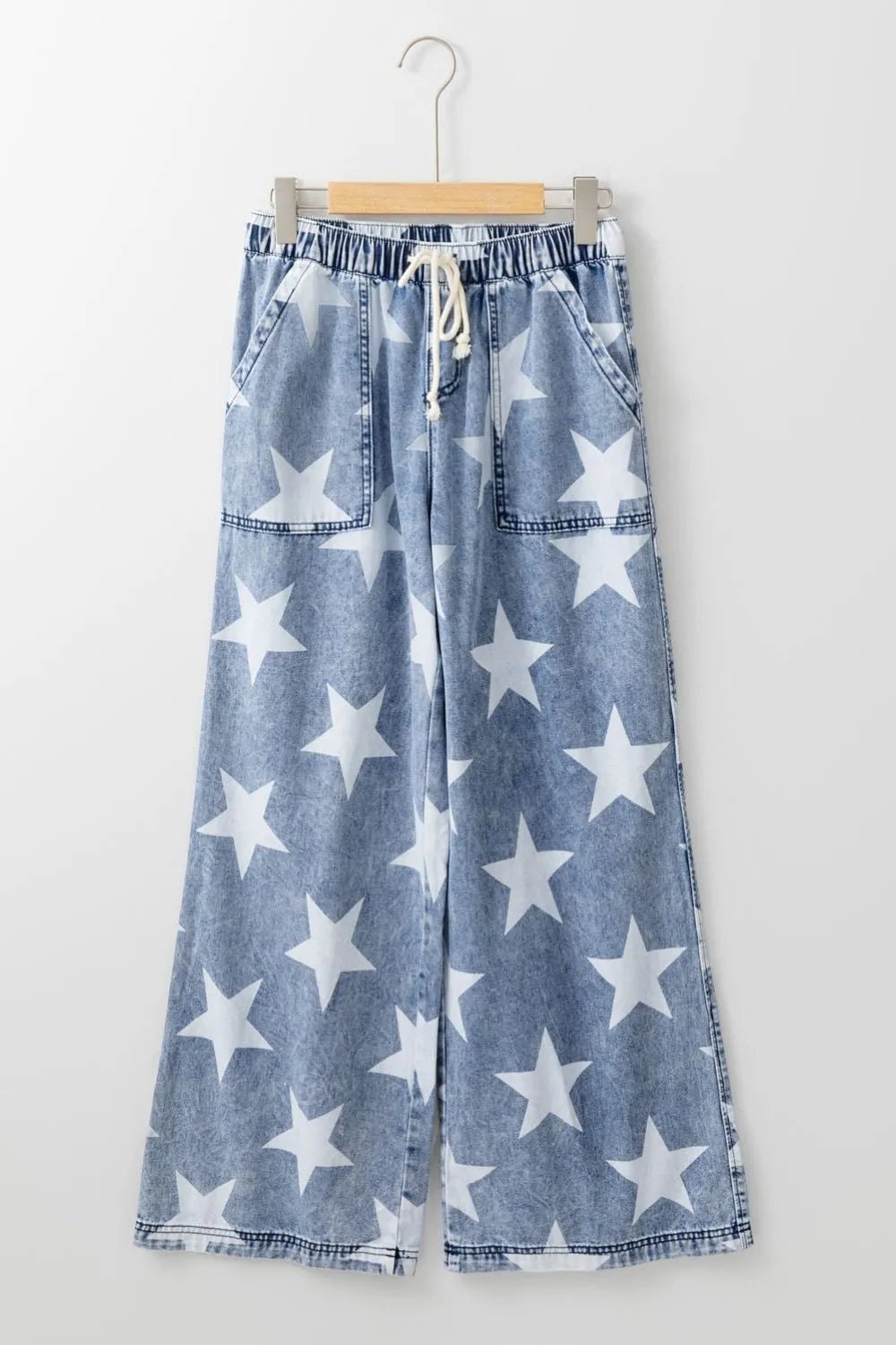 Star Print Washed Drawstring High Waist Wide Leg Jeans - Lara Moda