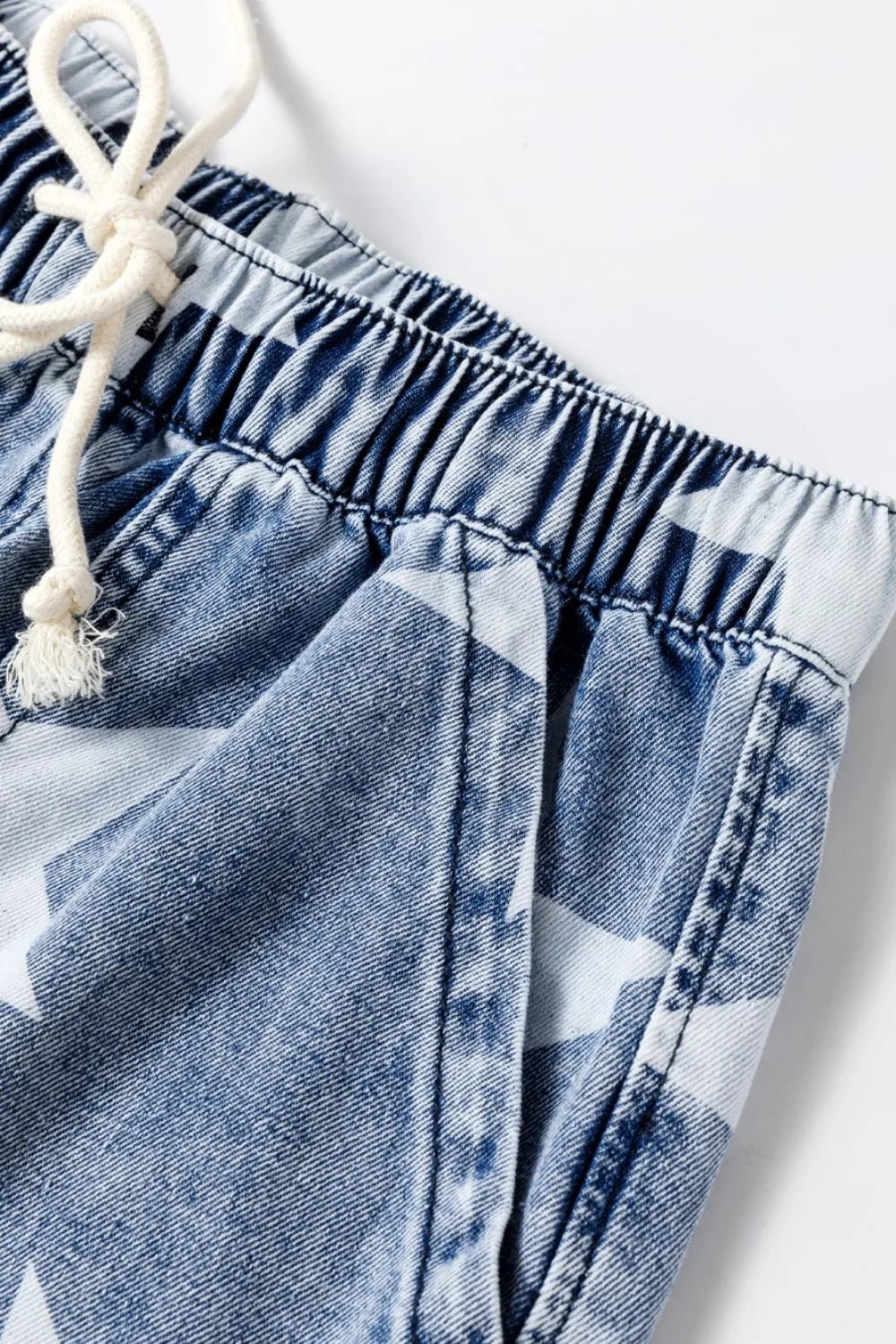 Star Print Washed Drawstring High Waist Wide Leg Jeans - Lara Moda