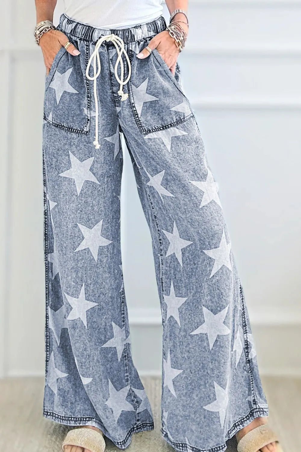 Star Print Washed Drawstring High Waist Wide Leg Jeans - Lara Moda