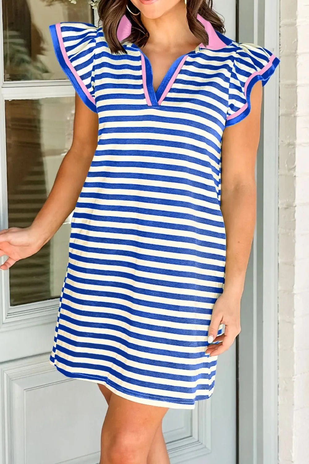 Stripe Print Contrast Collar Split Neck Flutter Sleeve Dress - Lara Moda