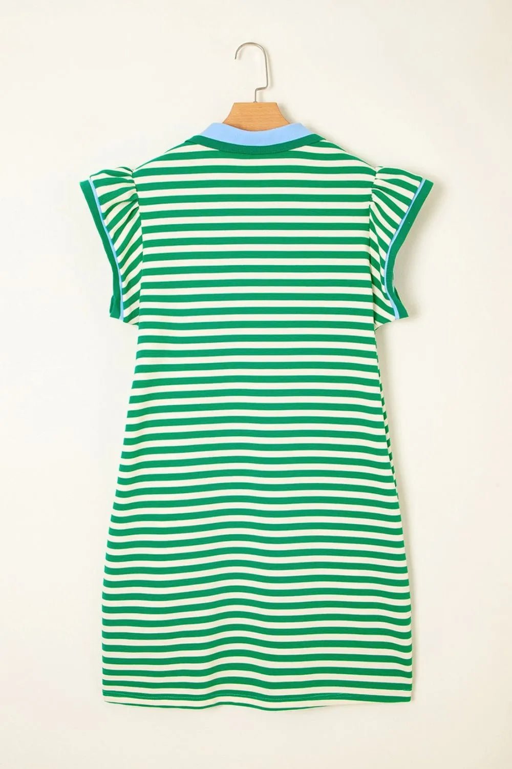 Stripe Print Contrast Collar Split Neck Flutter Sleeve Dress - Lara Moda