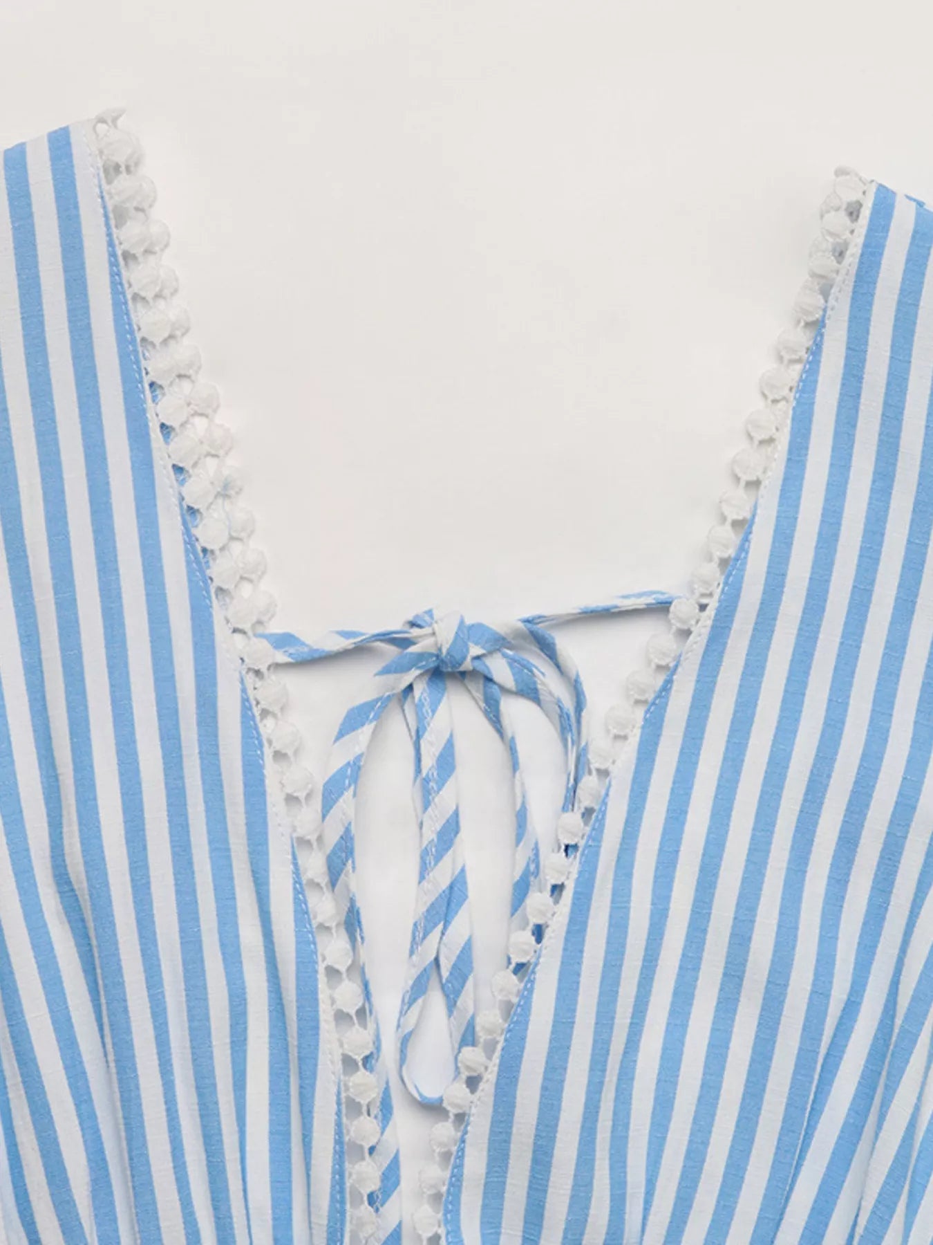Striped Pom-Pom Trim Tie Front Sleeveless Mini Dress - Lara Moda