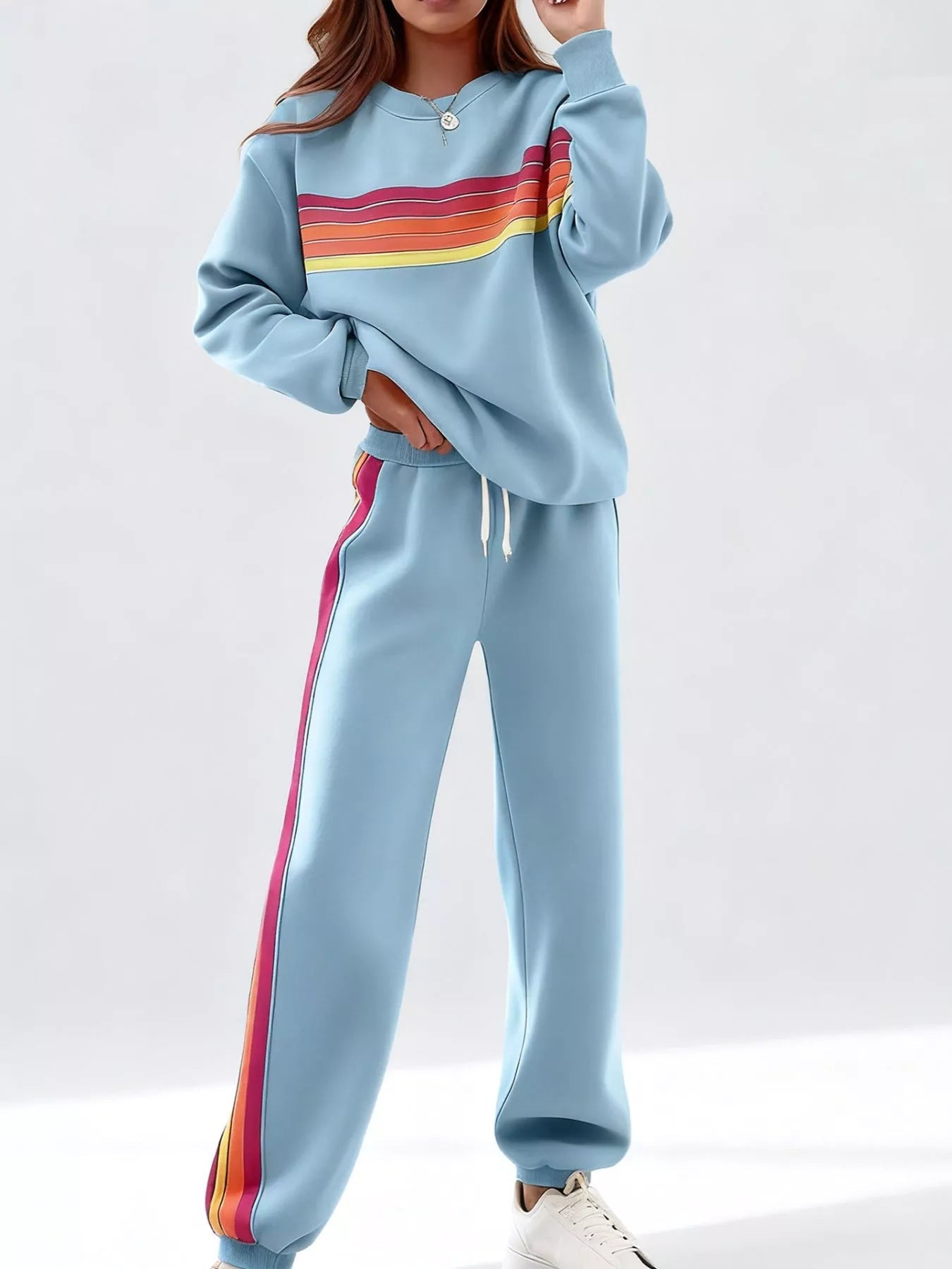 Striped Round Neck Sweatshirt and Pants Set - Lara Moda