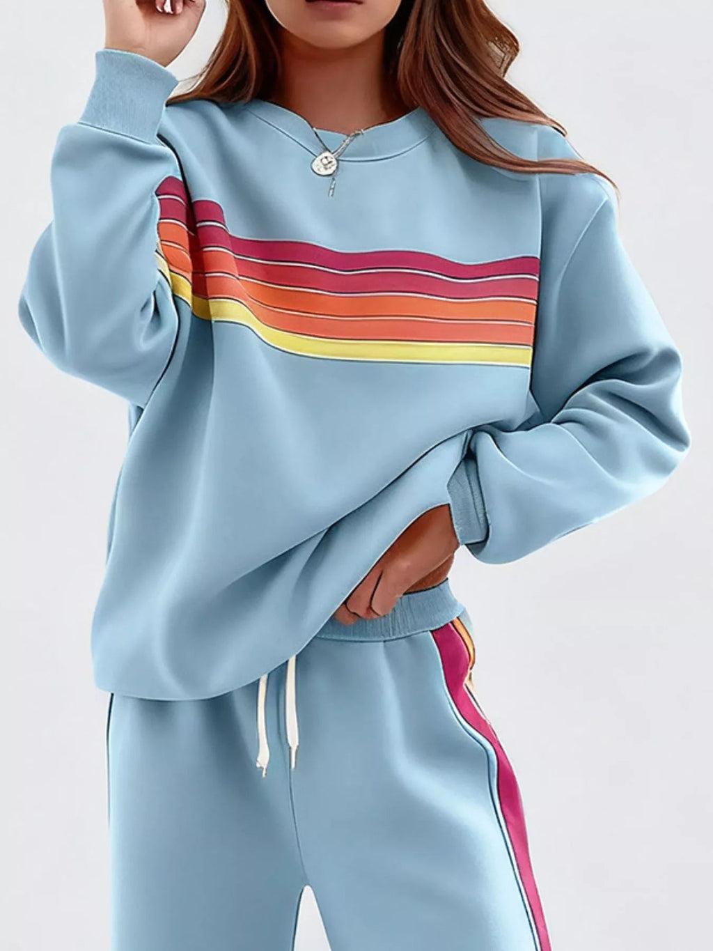Striped Round Neck Sweatshirt and Pants Set - Lara Moda